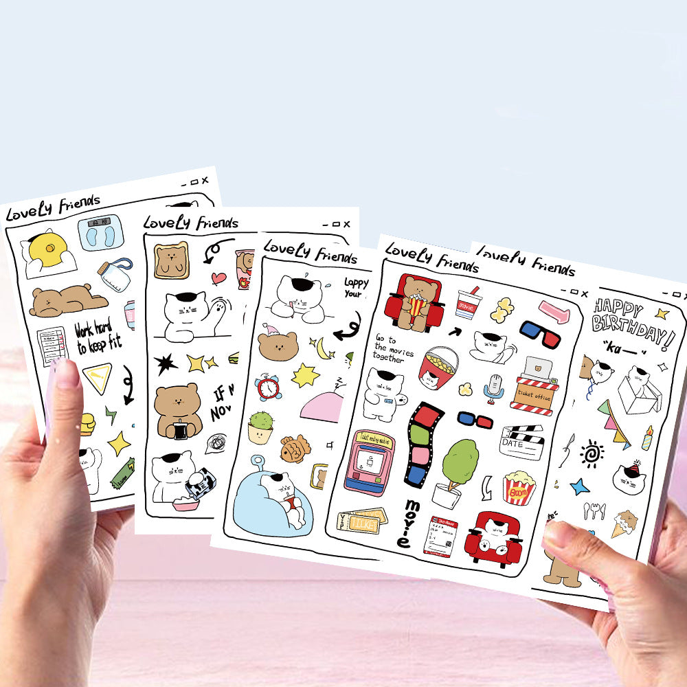 🐻 Set of 8 Lovely Friends Sticker Sheets Pack ✨📒🐱