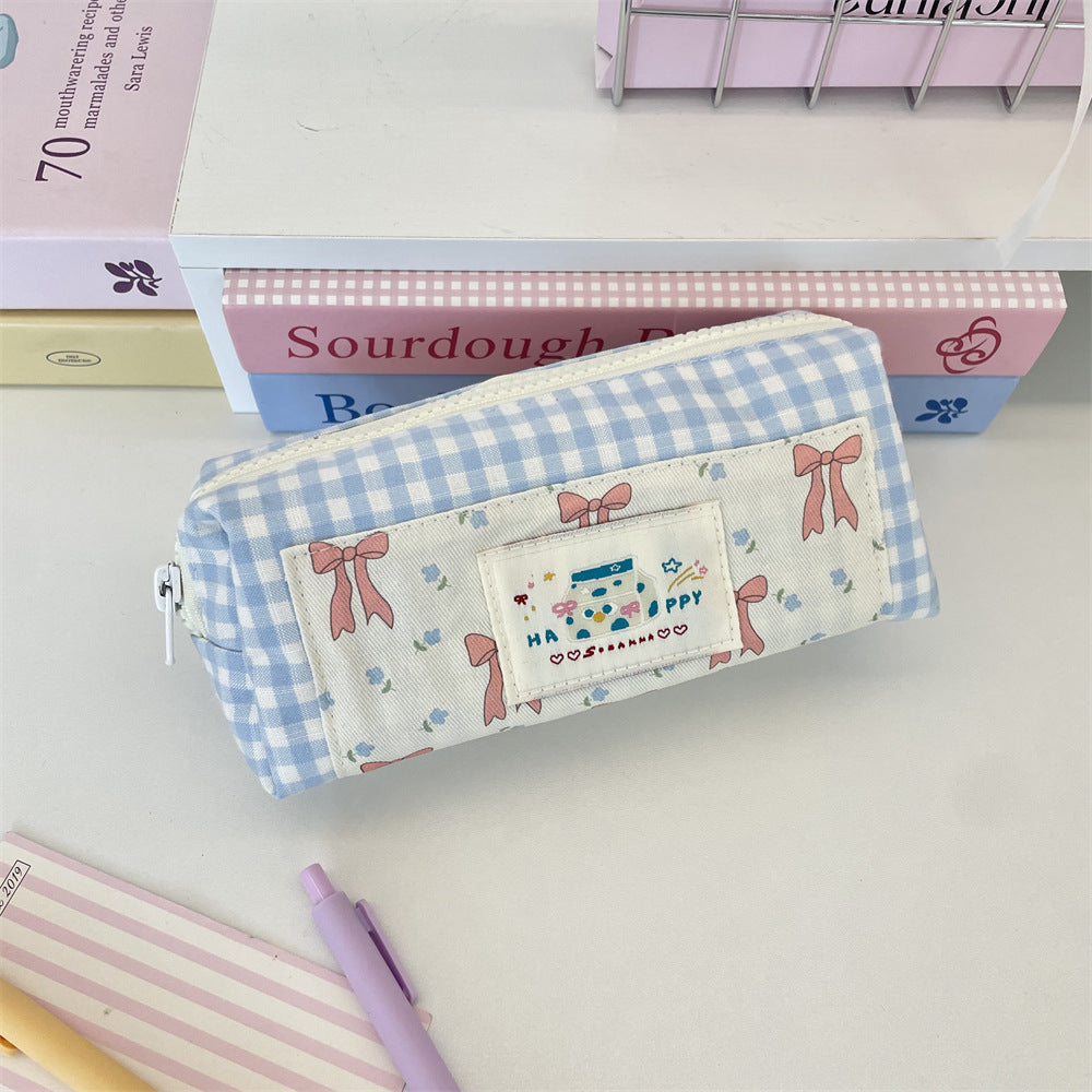 Sweet Ribbon Gingham Pencil Pouch 🎀🩵