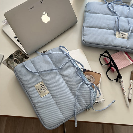 Blue Gingham Striped Padded Laptop Sleeve with Bow Ties