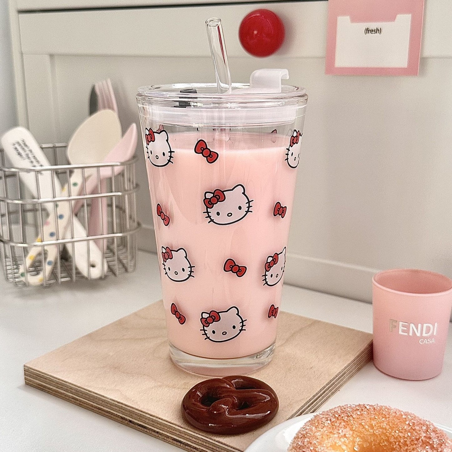 Hello Kitty Aesthetic Glass Tumbler with Lid and Straw