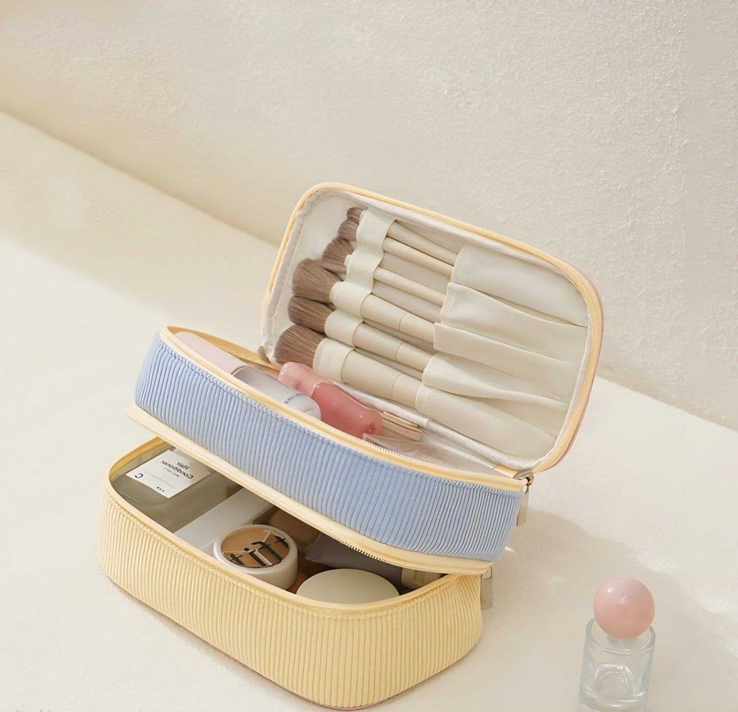 Pastel Corduroy Double-Layer Makeup Organiser 💛🩷💙