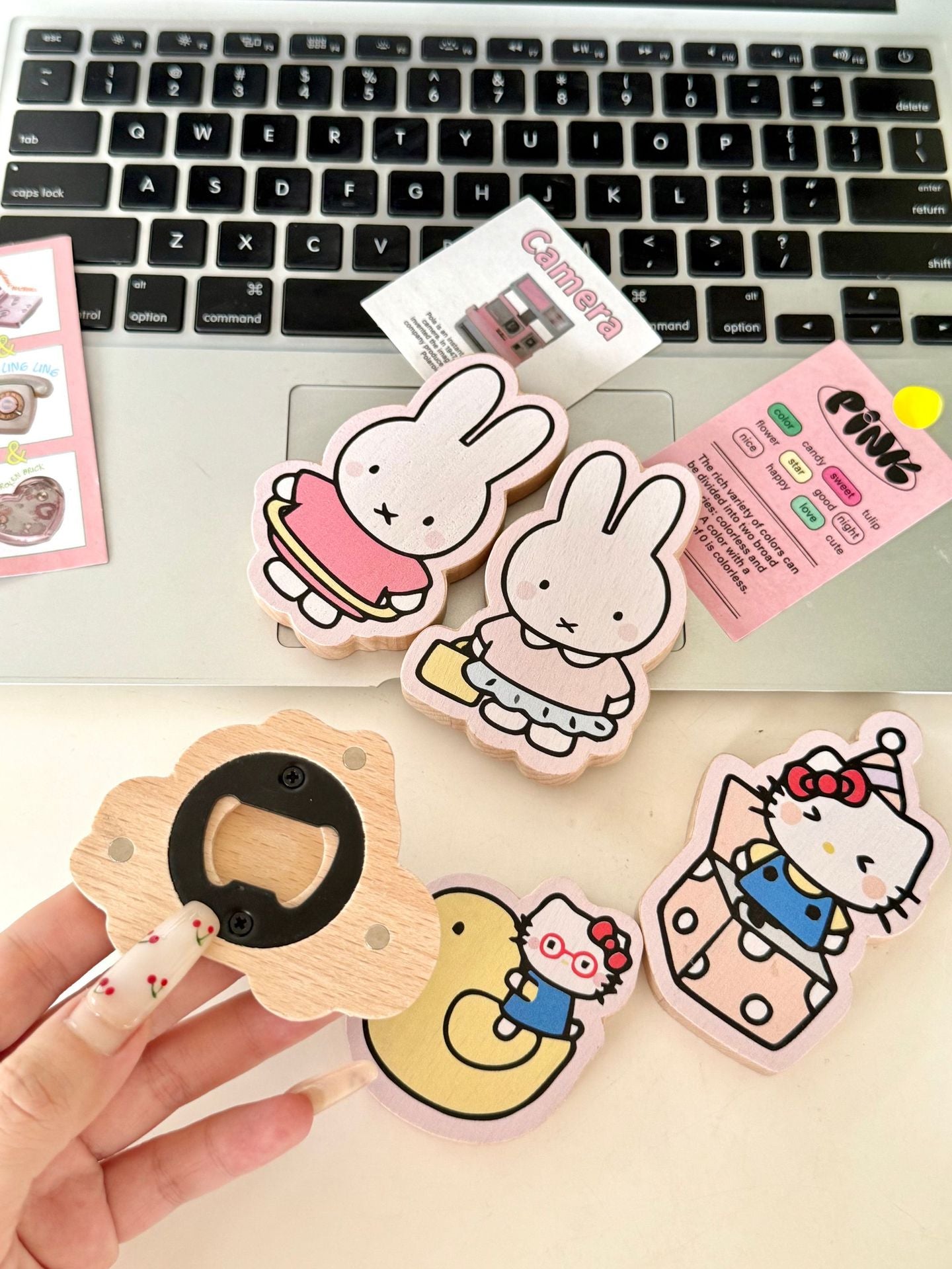 Kawaii Pastel Hello Kitty and Miffy Wooden Fridge Magnets with Bottle Opener