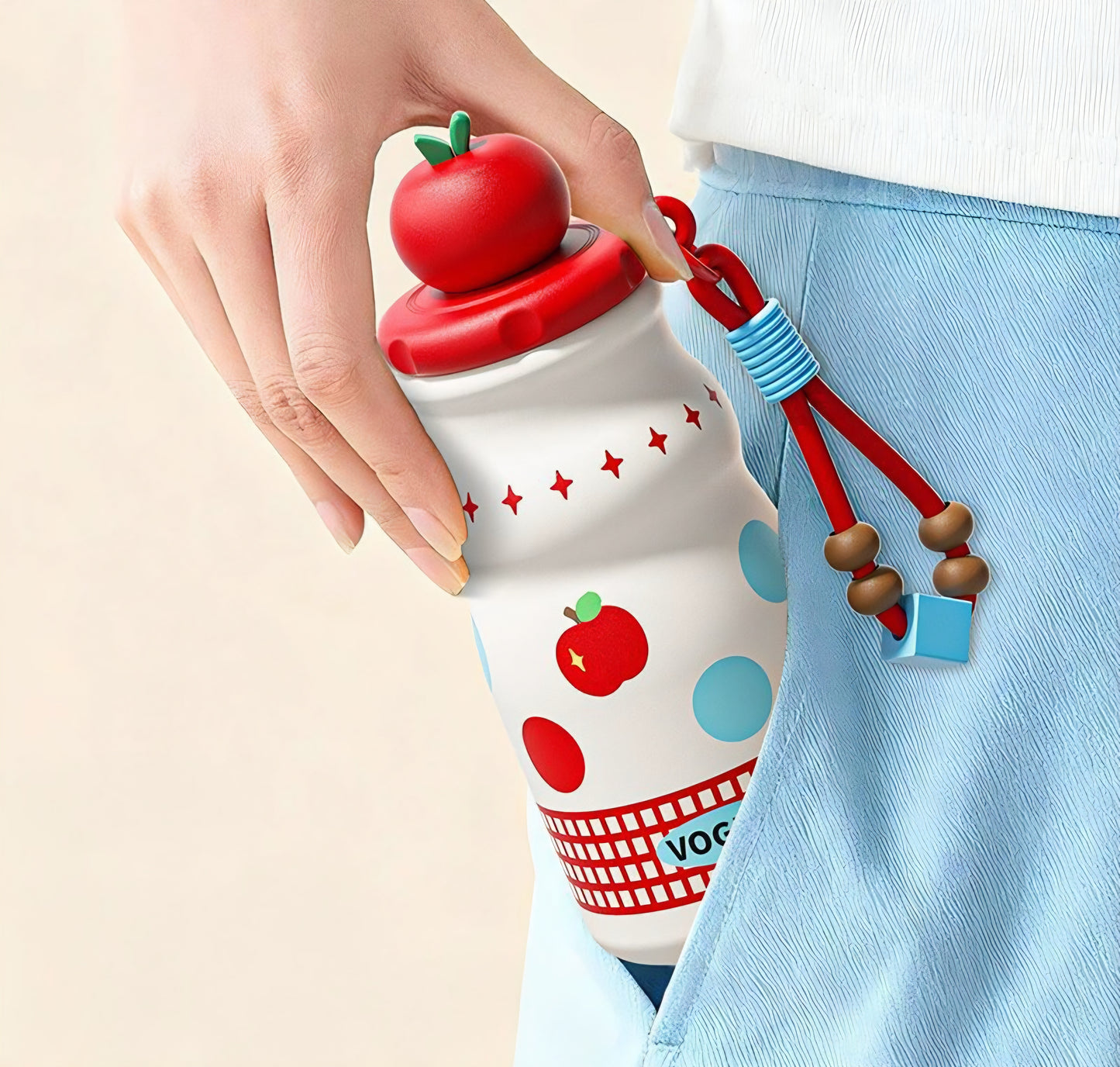 🍎🎀 Kawaii Tomato Fruit Charm Water Bottle Tumbler Sipper with Beaded Strap | Cute Pastel Leakproof Bottle