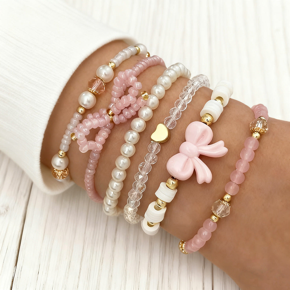 Set of 6 Pastel Pearl & Pink Bow Bracelet Collection ✨