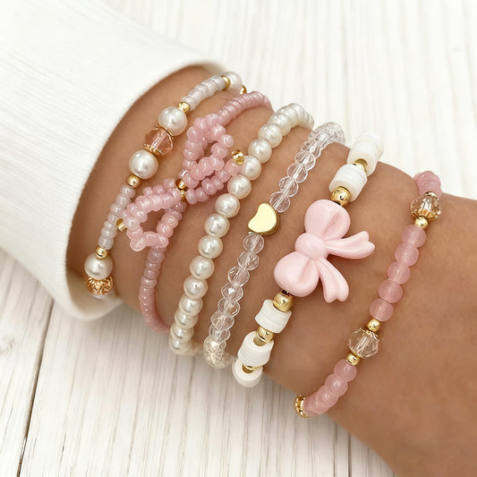 Set of 6 Pastel Pearl & Pink Bow Bracelet Collection ✨