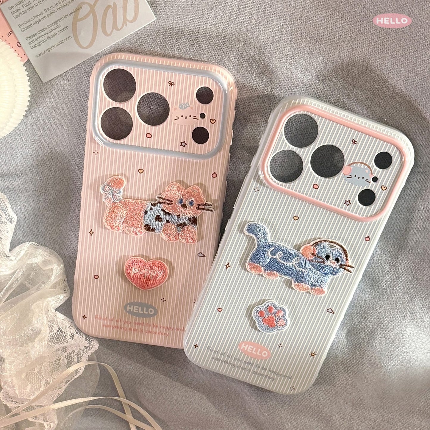 Cute Cat Dog 3D Embroidery Stripes iPhone Case