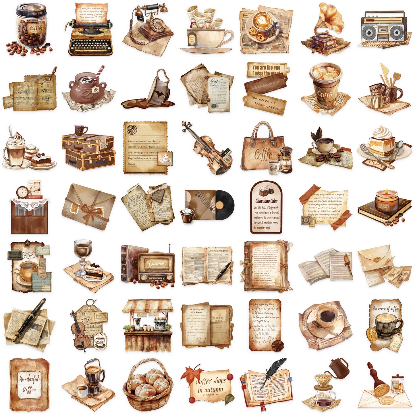PS2 - Set of 50 Vintage Coffee & Book Transparent Sticker Pack