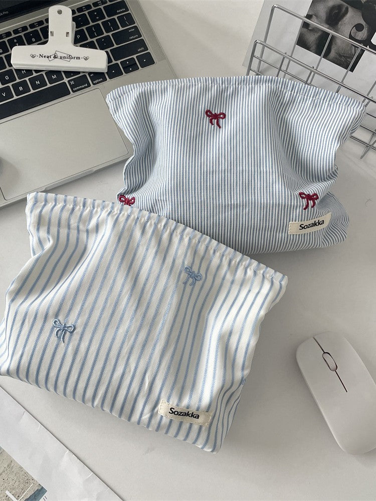 Bow Blue Gingham & Stripe Cosmetic Pouches 🩵🎀
