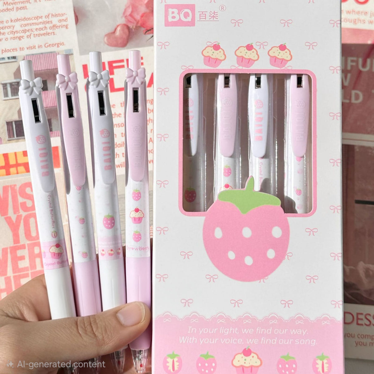 🎀 Strawberry Bow 4 Pens Set 🍓🖊️