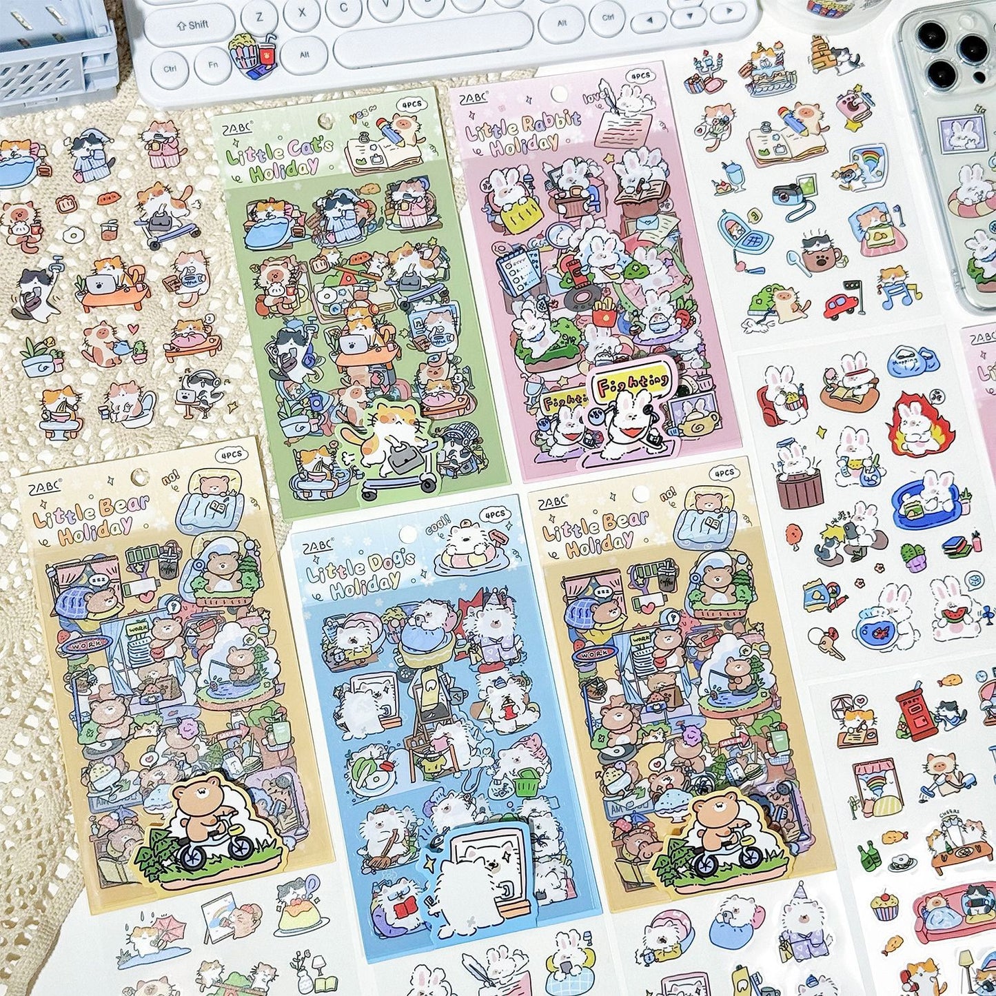 Set of 4 🌈 Little Holiday PET Sticker Sheets 🐻🐰🐶🐱✨