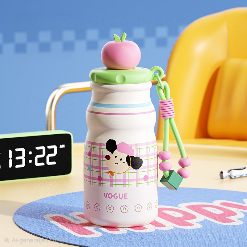 🍎🎀 Kawaii Tomato Fruit Charm Water Bottle Tumbler Sipper with Beaded Strap | Cute Pastel Leakproof Bottle