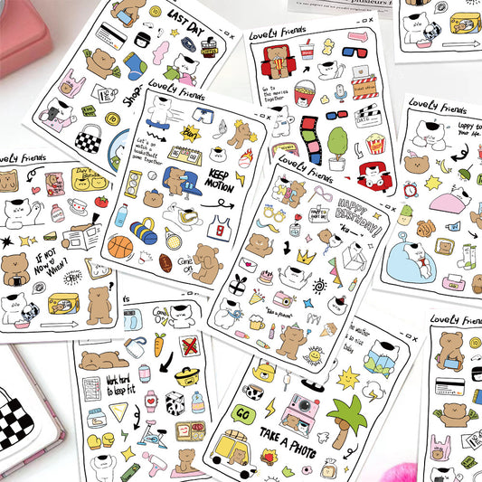 🐻 Set of 8 Lovely Friends Sticker Sheets Pack ✨📒🐱
