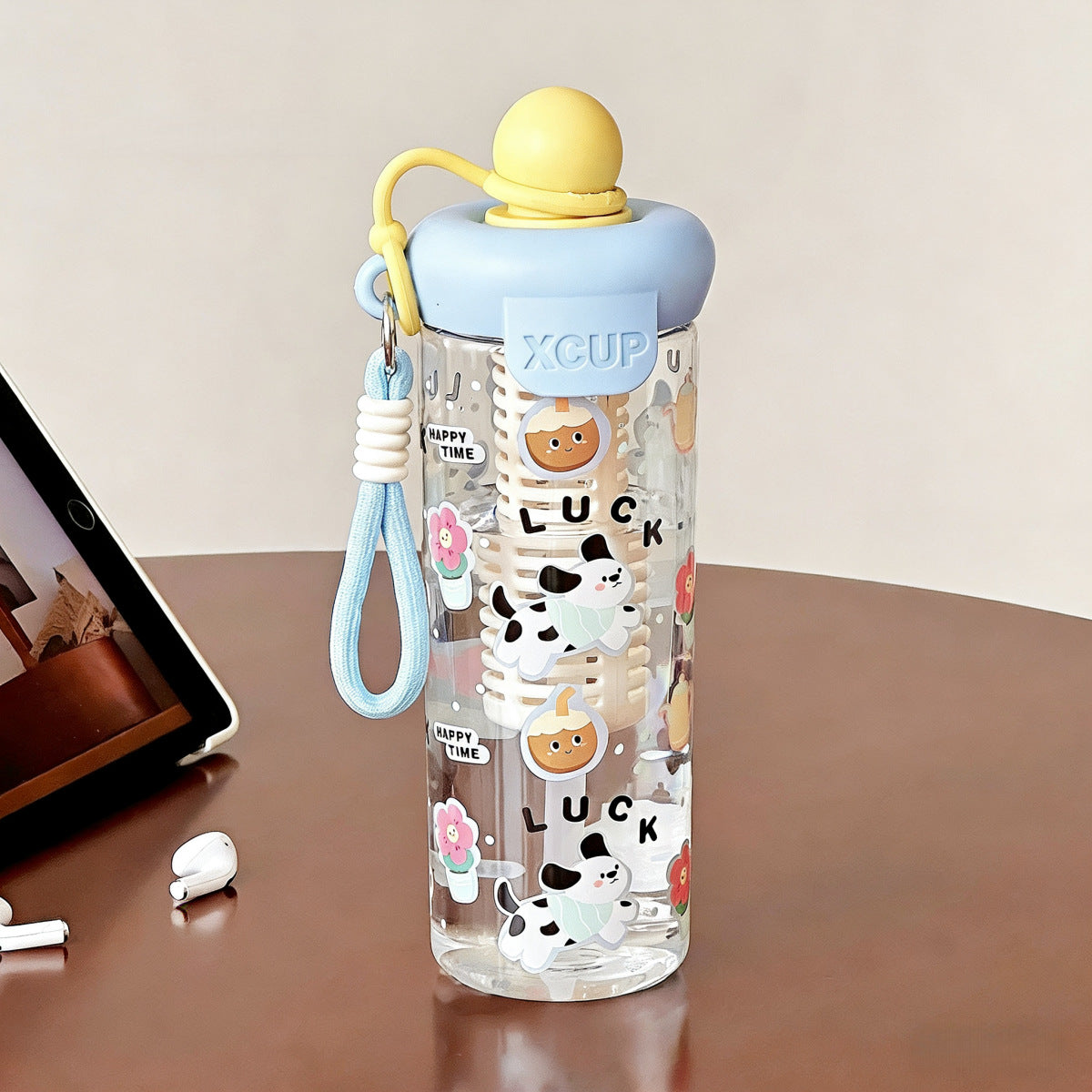 Cute Cartoon XCUP Water Bottle with Straw & Wrist Strap