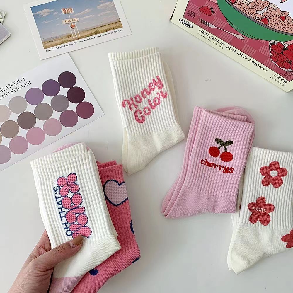 Korean Pink Theme Cherry and Hearts Socks