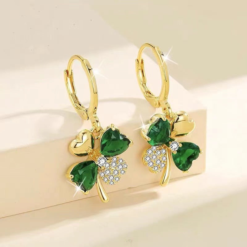 MM13 Korean Emerald Clover Gold Hoop Earrings