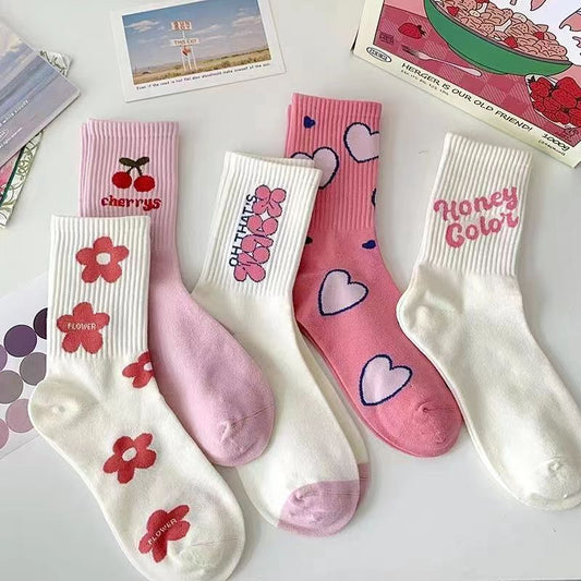 Korean Pink Theme Cherry and Hearts Socks