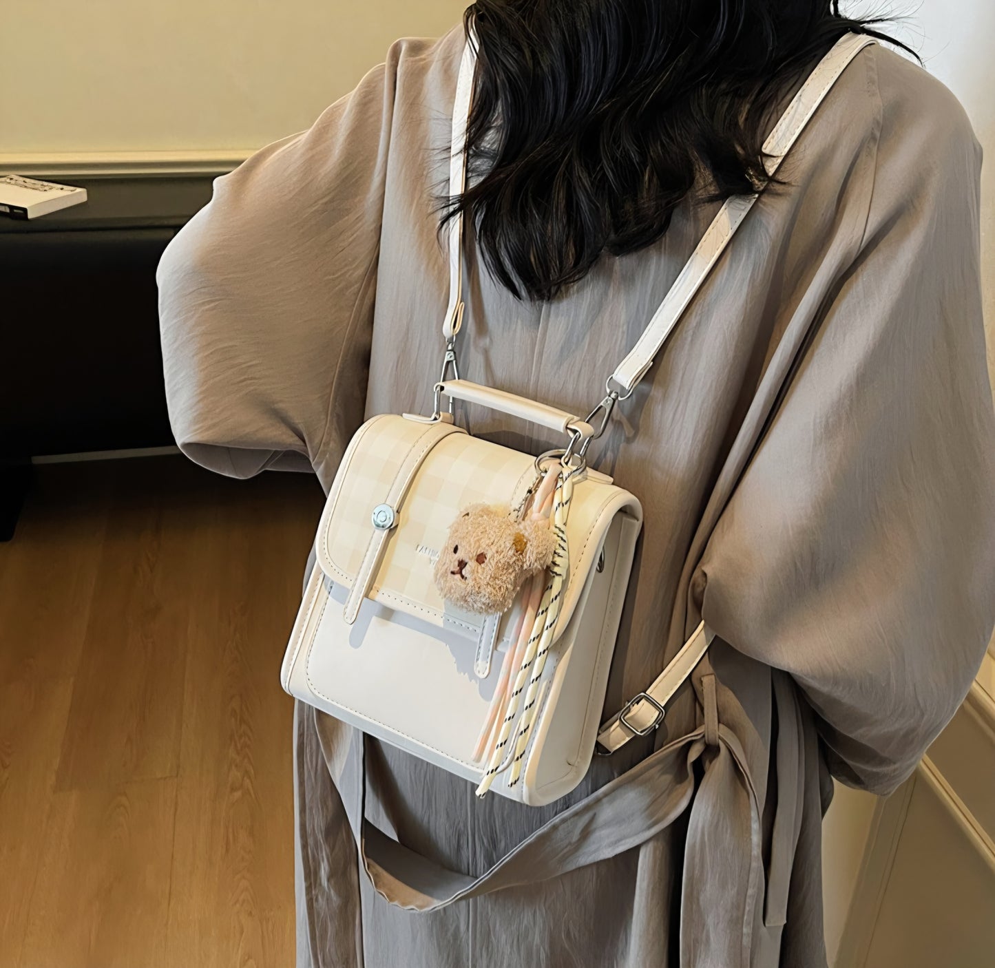 Classic Plaid Teddy Charm Shoulder Satchel Sling Bag