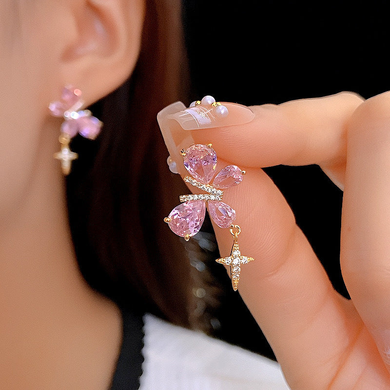 MM8 Korean Butterfly Pink Stone Earrings
