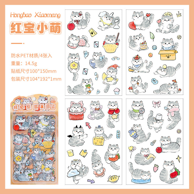 Set of 4 Playful Cat Kawaii Kitty Planner Stickers Sheets Pack