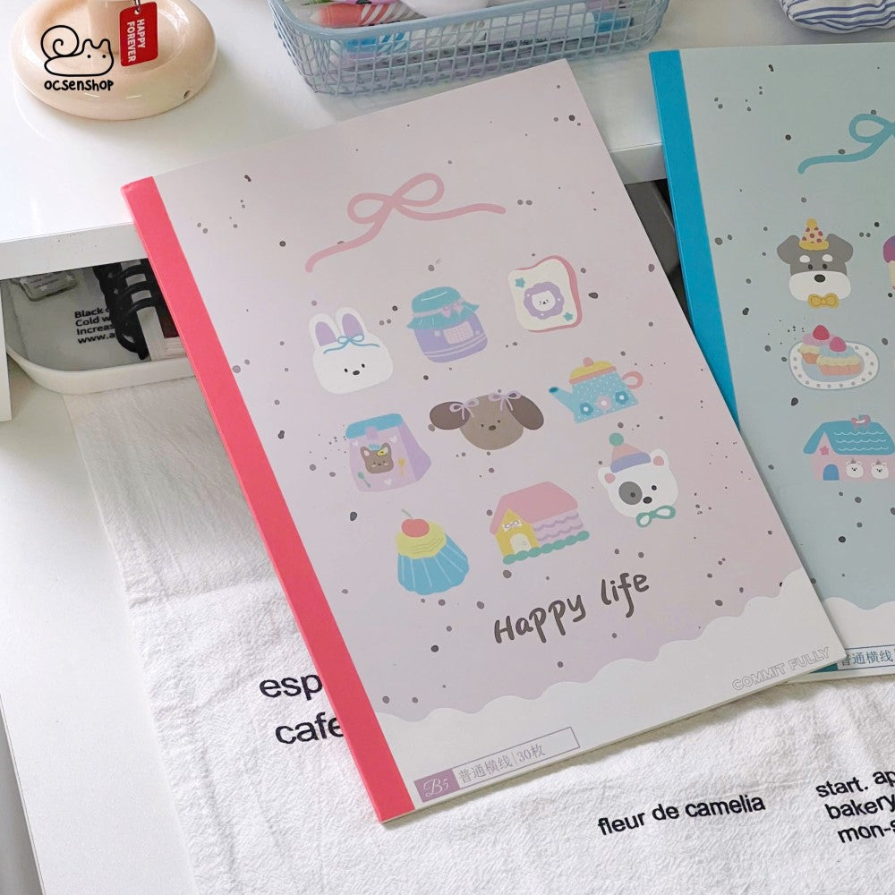 Happy Life Kawaii Cute B5 Ruled  Notebook – Pastel Cartoon Designs 🎀📒
