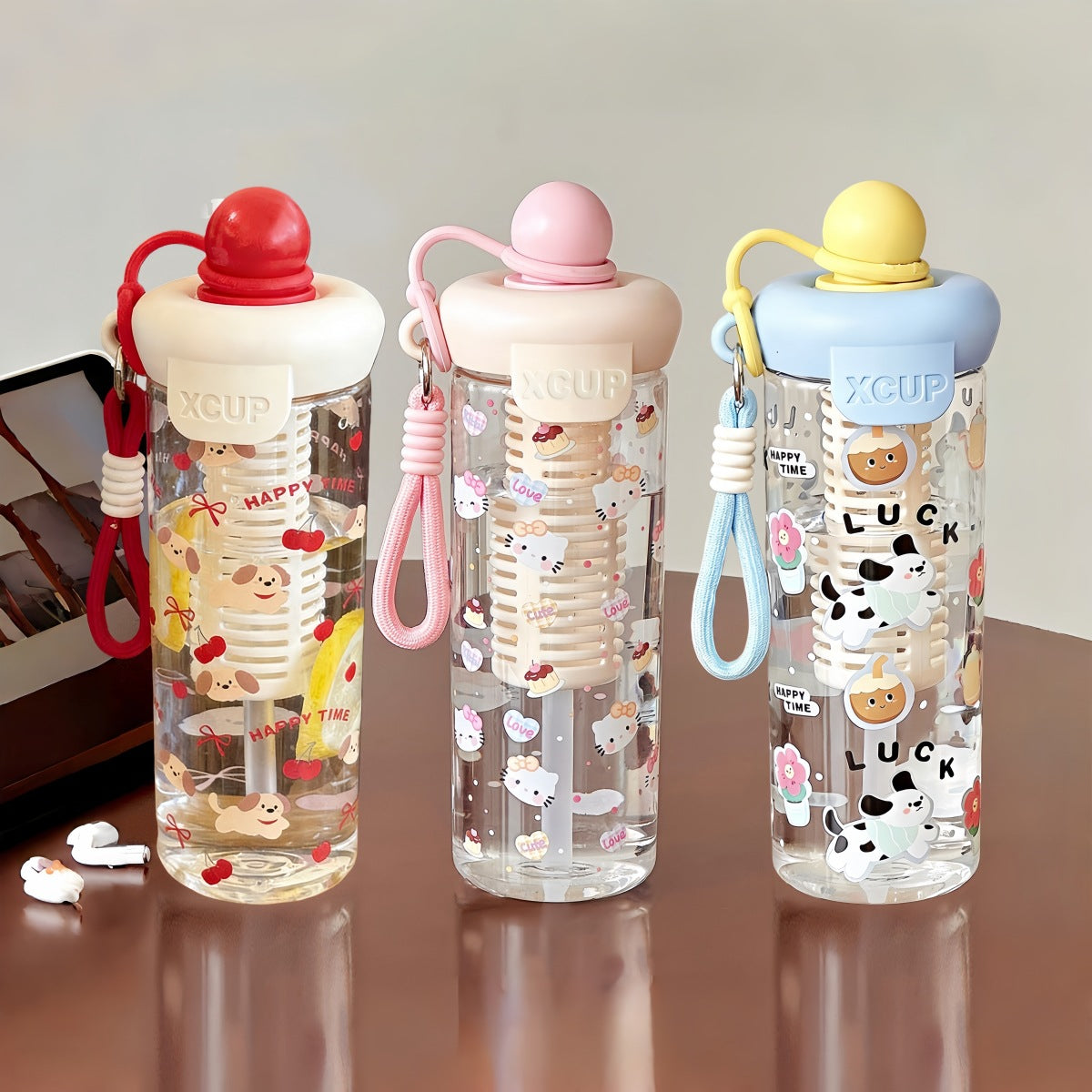 Cute Cartoon XCUP Water Bottle with Straw & Wrist Strap