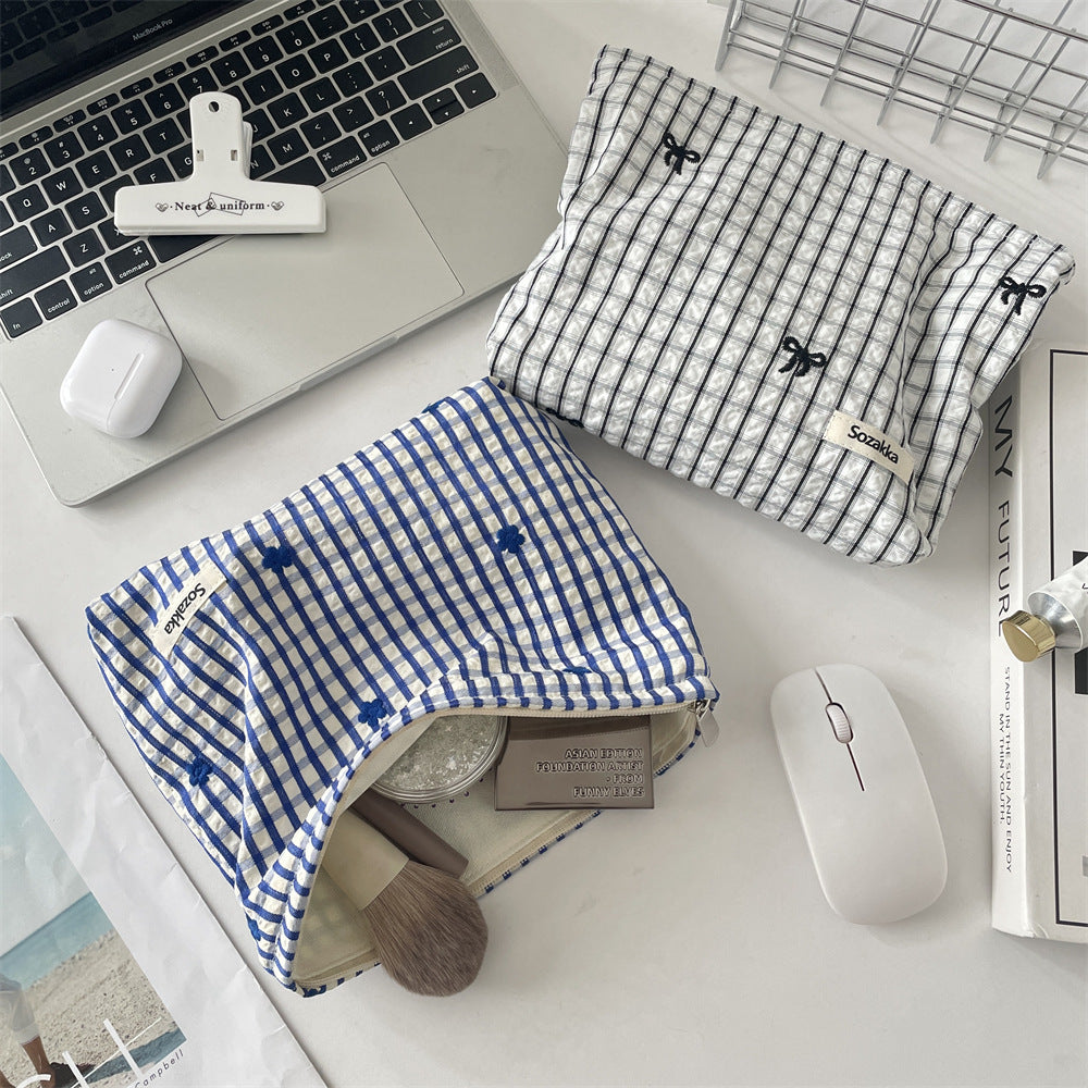 Bow Blue Gingham & Stripe Cosmetic Pouches 🩵🎀
