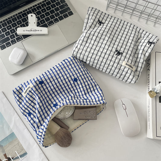 Bow Blue Gingham & Stripe Cosmetic Pouches 🩵🎀