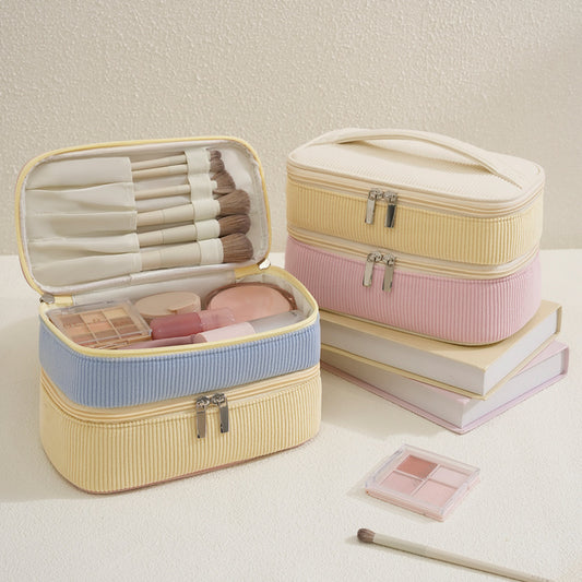 Pastel Corduroy Double-Layer Makeup Organiser 💛🩷💙