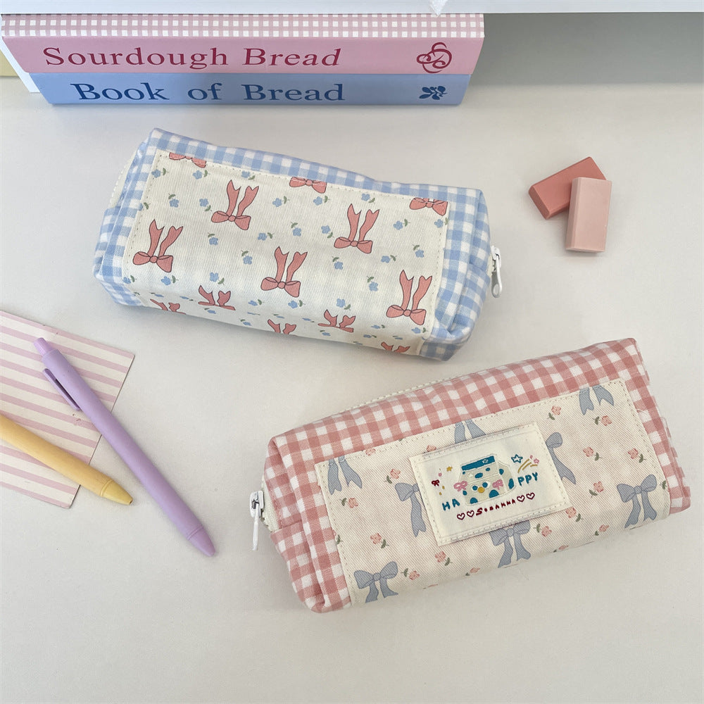 Sweet Ribbon Gingham Pencil Pouch 🎀🩵