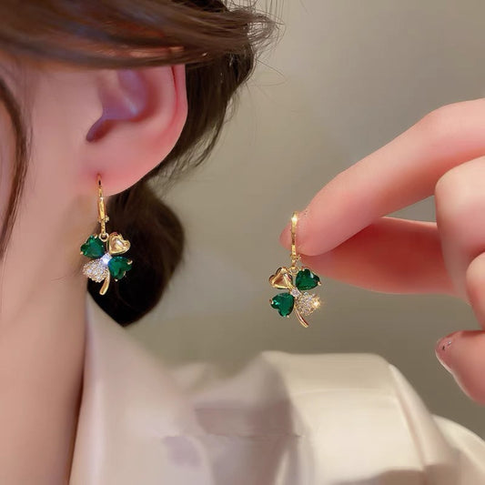 MM13 Korean Emerald Clover Gold Hoop Earrings