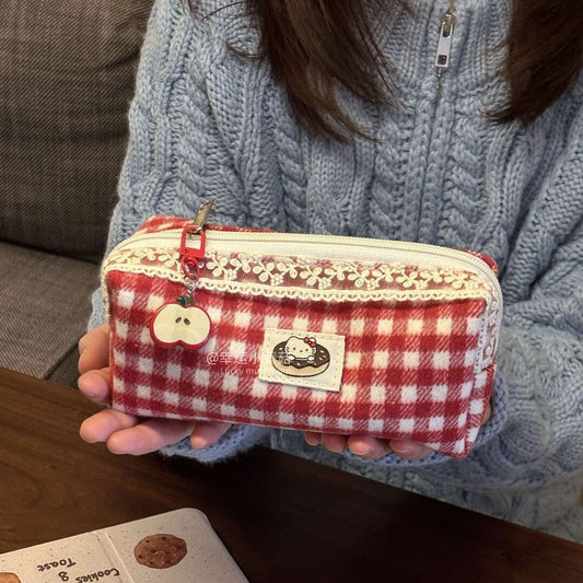 Hello Kitty Picnic Plaid Pencil Pouch with Keychain 🍎🎀