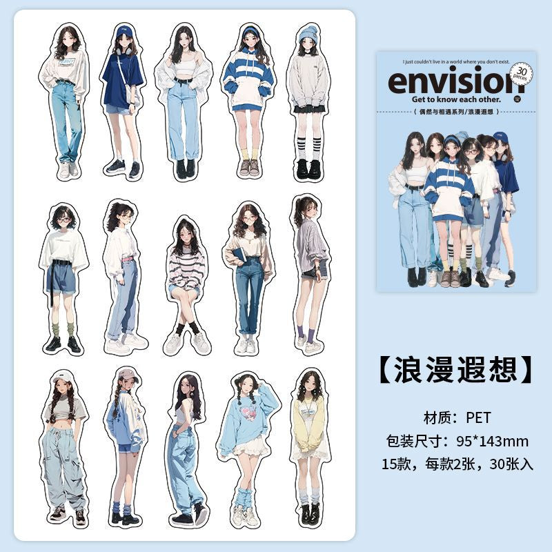 Fashion Girl Sticker Set – 30pcs PET Character Stickers