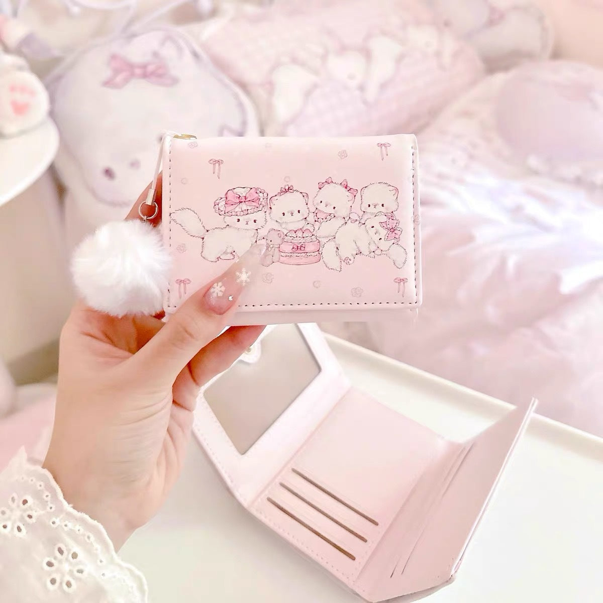 Pink Bear Family Tri Folding Wallet