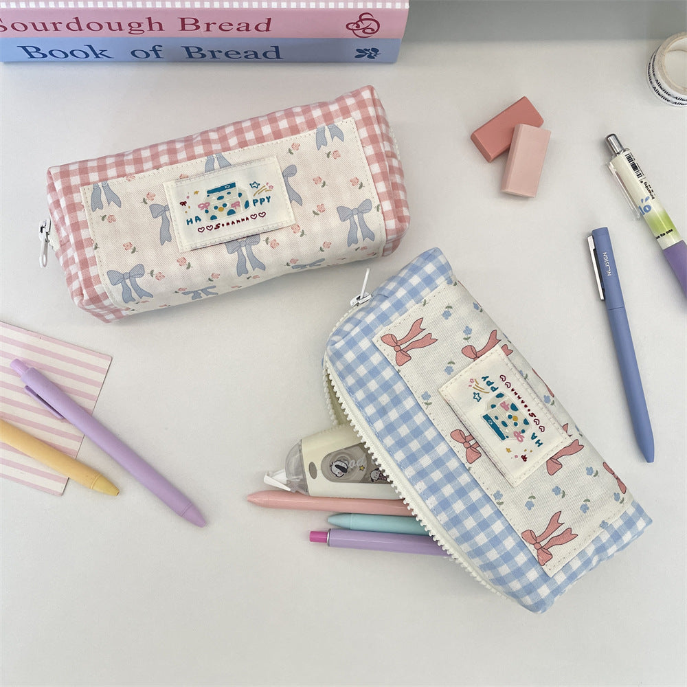 Sweet Ribbon Gingham Pencil Pouch 🎀🩵