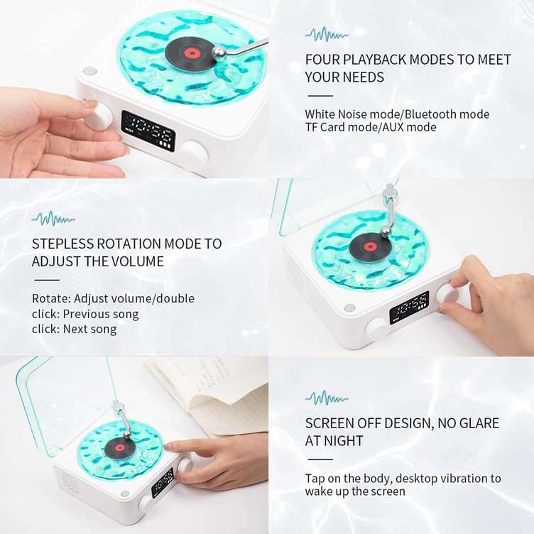 Retro-Style Wireless Waves Vinyl Bluetooth Speaker, Aqua Vinyl Speaker, The Waves Vinyl Player with Ambience Light and Clock for Bedroom, Office, Party, White