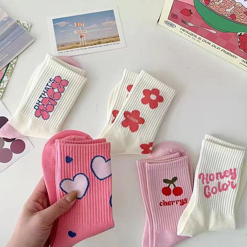 Korean Pink Theme Cherry and Hearts Socks
