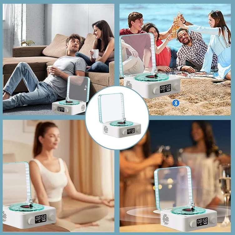 Retro-Style Wireless Waves Vinyl Bluetooth Speaker, Aqua Vinyl Speaker, The Waves Vinyl Player with Ambience Light and Clock for Bedroom, Office, Party, White