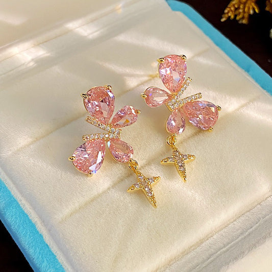 MM8 Korean Butterfly Pink Stone Earrings
