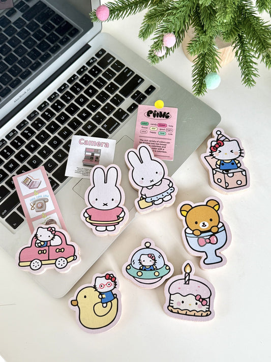 Kawaii Pastel Hello Kitty and Miffy Wooden Fridge Magnets with Bottle Opener