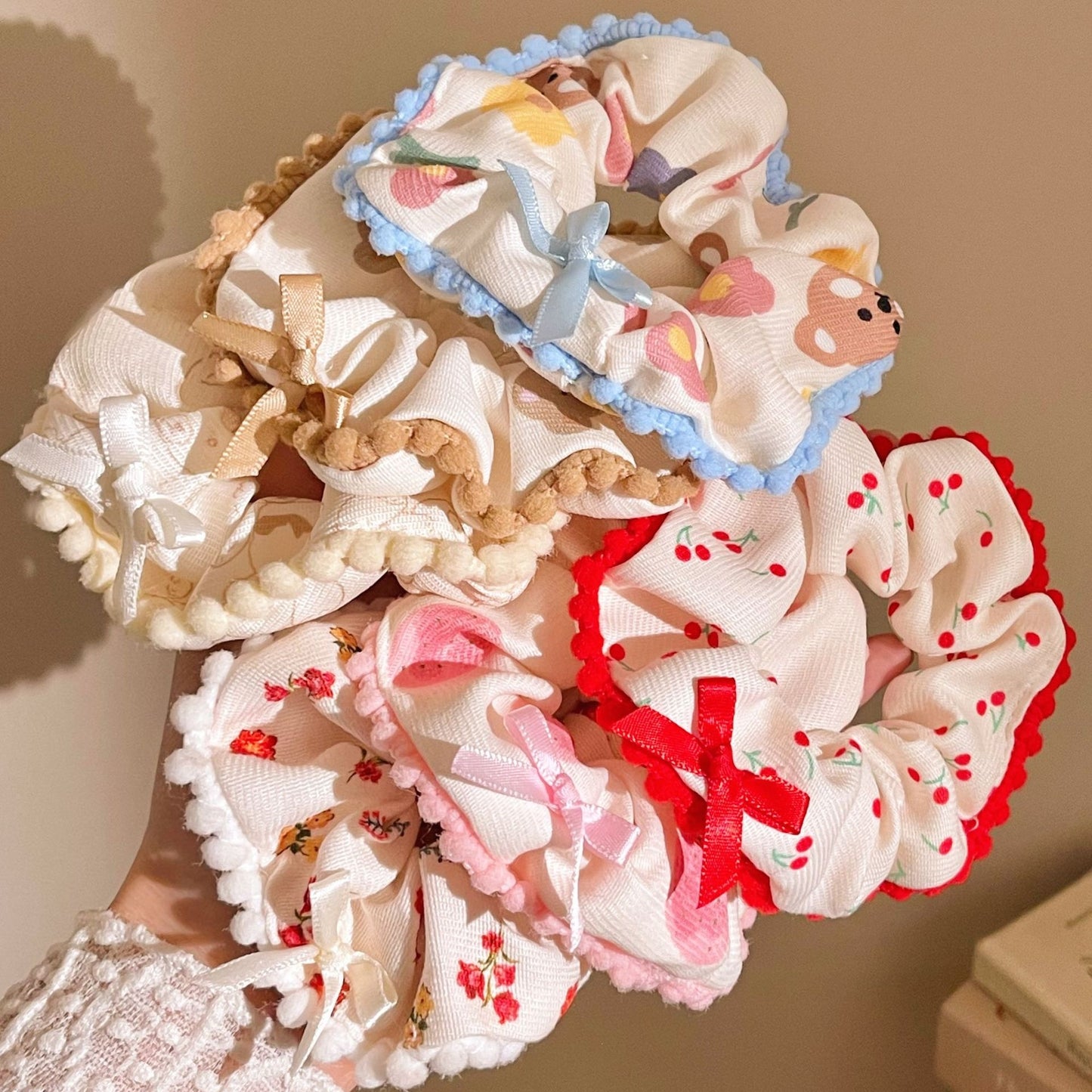 🎀 Strawberry & Bow Ruffle Scrunchies