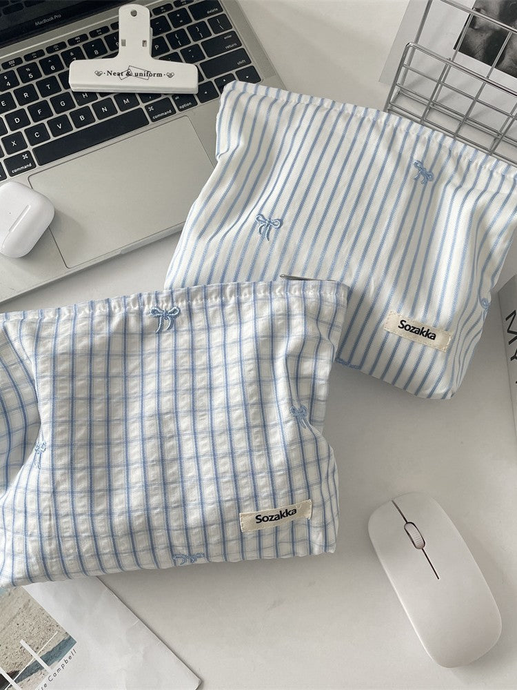 Bow Blue Gingham & Stripe Cosmetic Pouches 🩵🎀