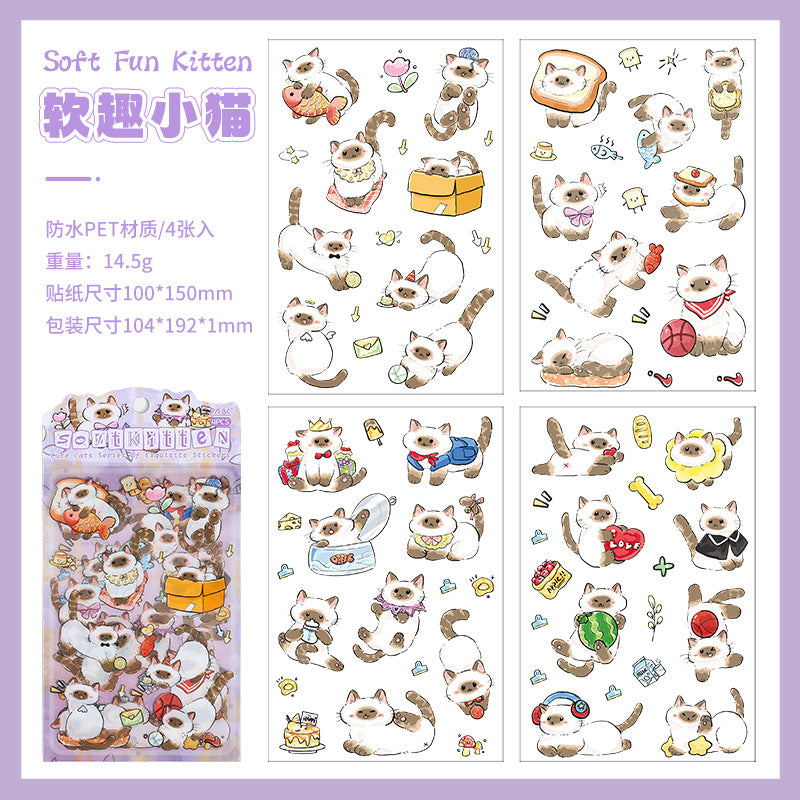 Set of 4 Playful Cat Kawaii Kitty Planner Stickers Sheets Pack