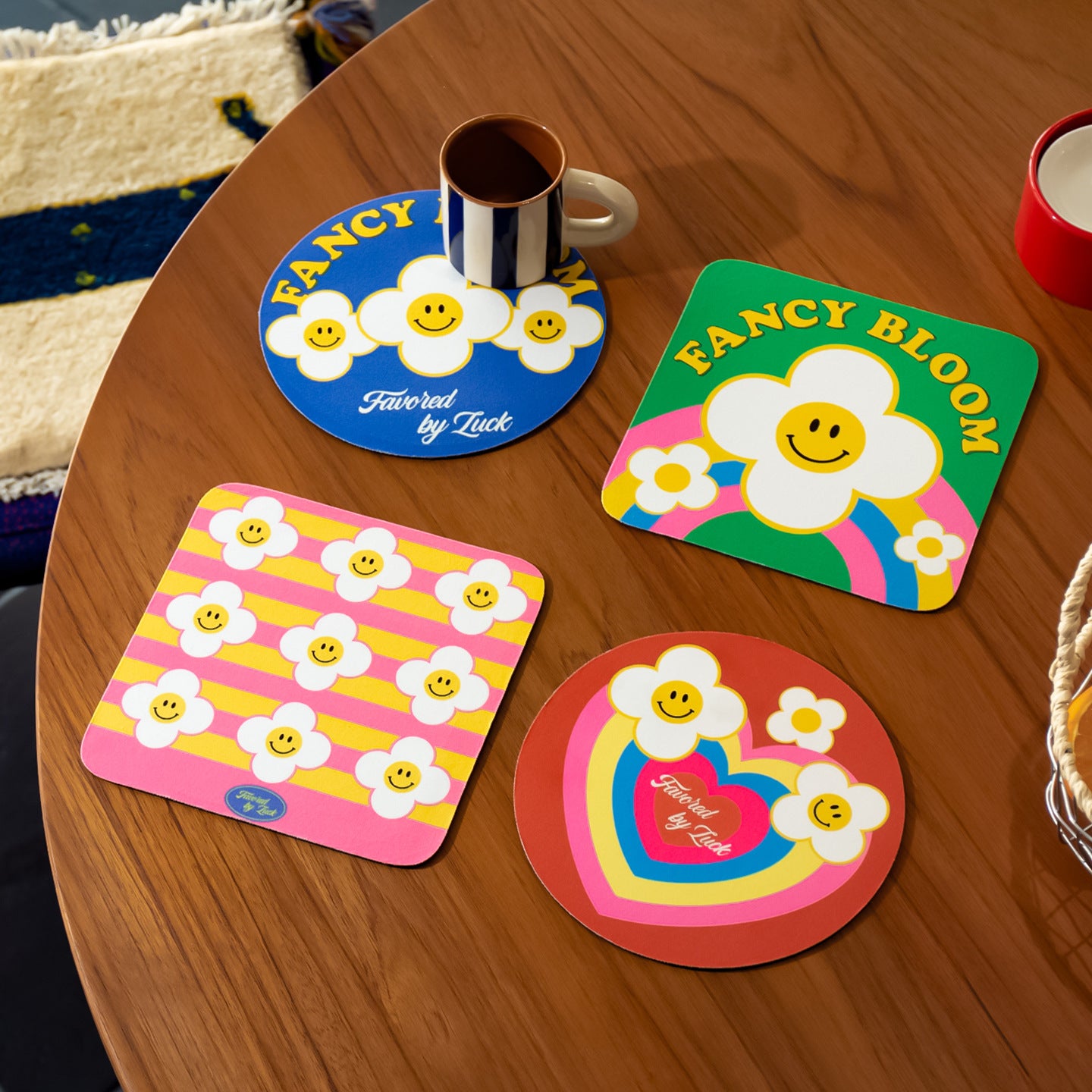 Fancy Bloom Smiley Mousepad / Coaster 🌈✨