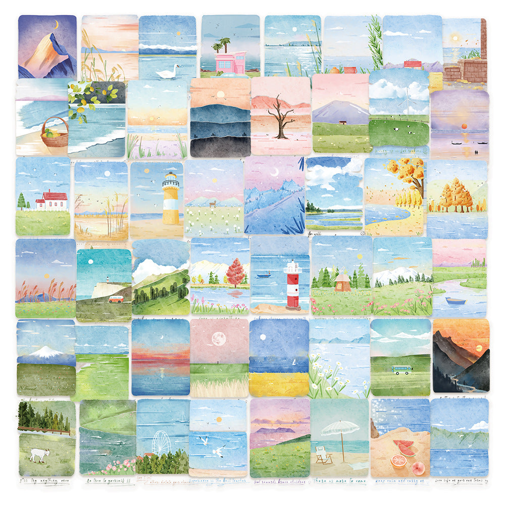 PS19 Set of 50 Transpatent Watercolor Scenery Stickers Pack