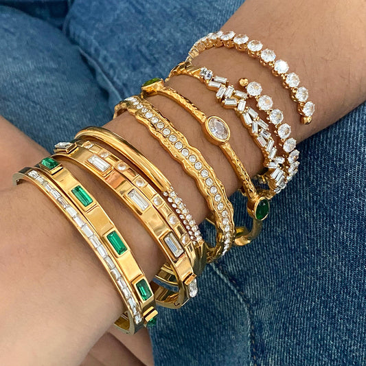 Premium 18K Gold Plated Stone Open Bangle