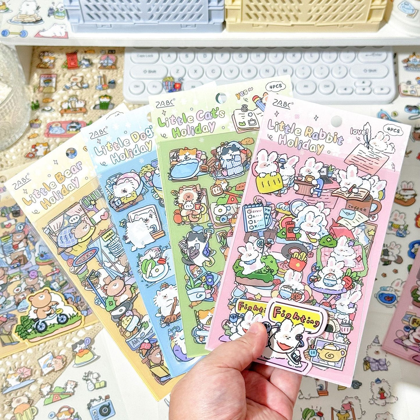 Set of 4 🌈 Little Holiday PET Sticker Sheets 🐻🐰🐶🐱✨