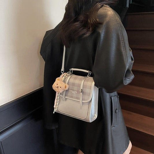 Classic Plaid Teddy Charm Shoulder Satchel Sling Bag