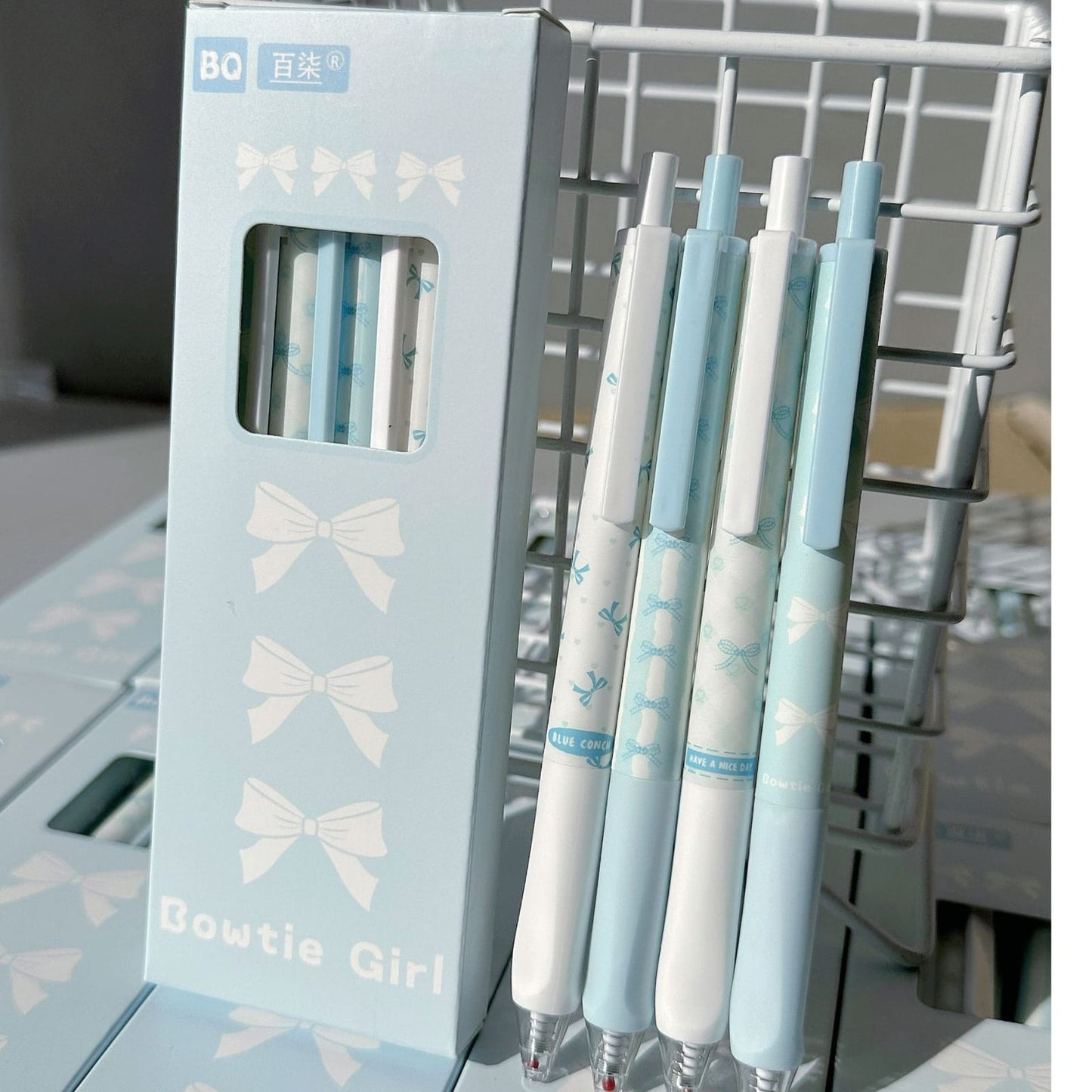Set of 4 Blue 🎀 Bowtie Girl Pastel Pens Set